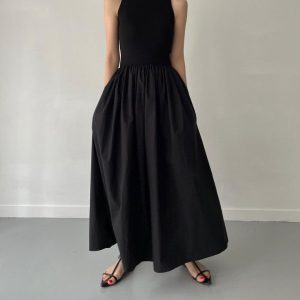 Elegant Round Neck Pleated Long Dress - Y2K Aesthetic Slim Fit for Chic Style