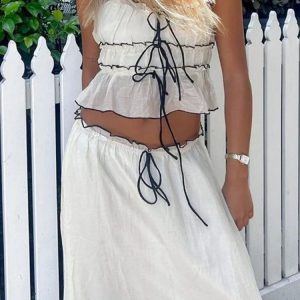 Elegant Ruffle Bandage Mesh Dress Set with Lace Crop Top and Skirt for Stylish Women