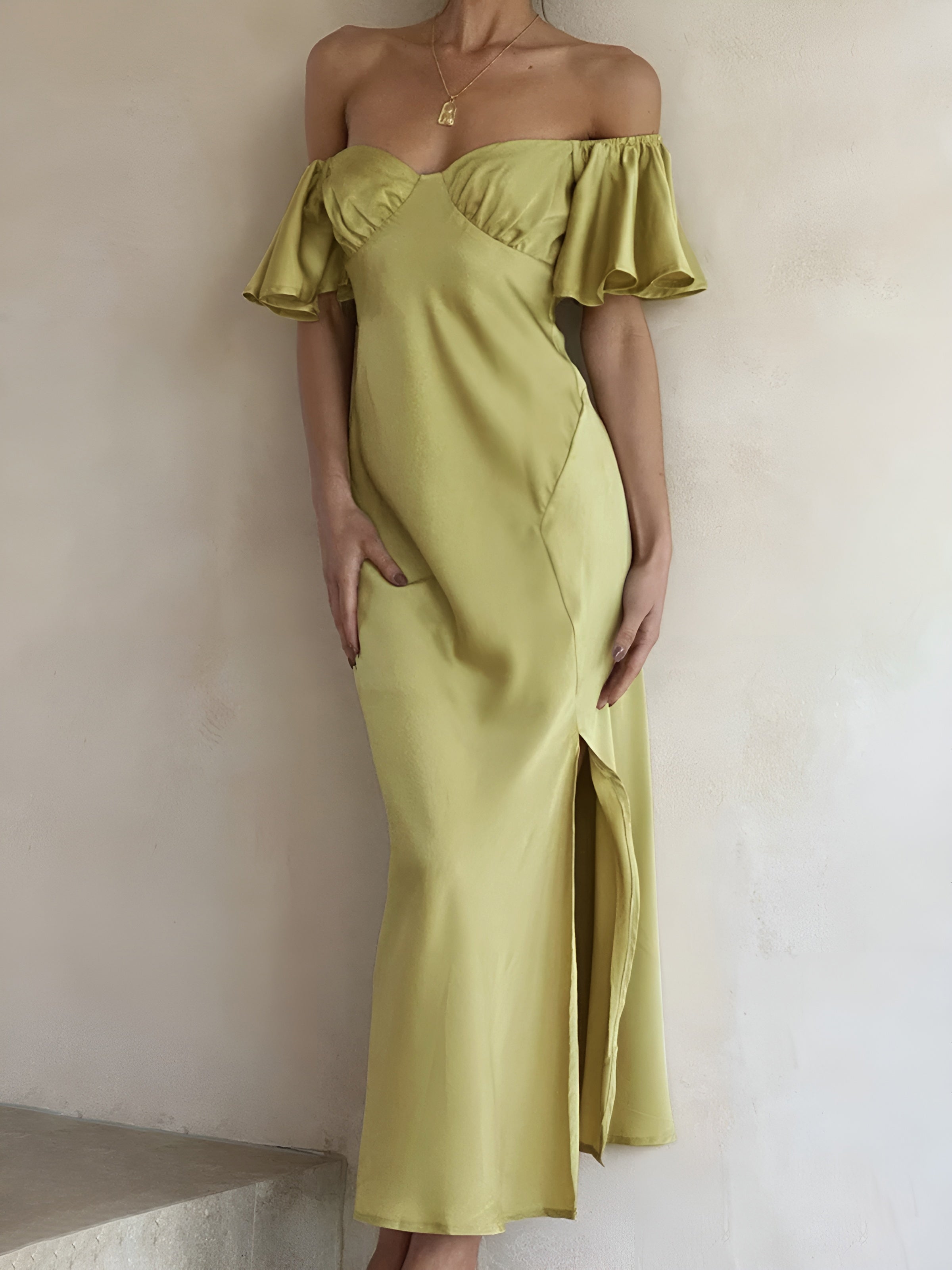 Elegant Ruffle Sleeve Split Long Dress - Y2K Aesthetic Maxi Dress for Chic Style