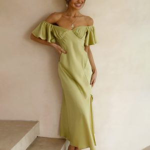 Elegant Ruffle Sleeve Split Long Dress - Y2K Aesthetic Maxi Dress for Chic Style