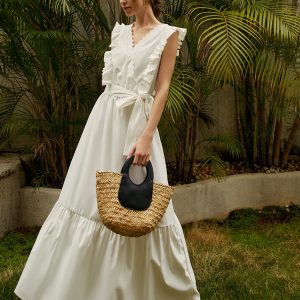 Elegant Ruffle Trim Belted Maxi Dress - Y2K Fashion Inspired Aesthetic Outfit