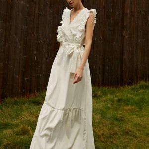 Elegant Ruffle Trim Belted Maxi Dress - Y2K Fashion Inspired Aesthetic Outfit