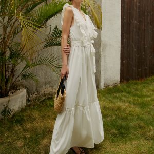 Elegant Ruffle Trim Belted Maxi Dress - Y2K Fashion Inspired Aesthetic Outfit