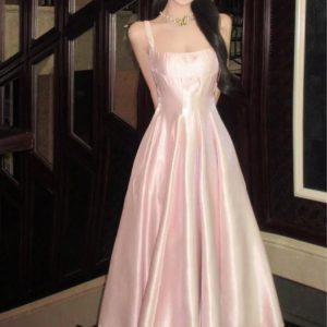 Elegant Satin A-line Midi Dress for Women - Sleeveless High Waist Evening Party Robe