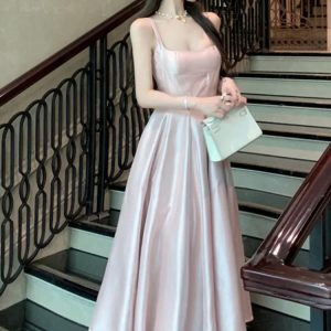 Elegant Satin A-line Midi Dress for Women - Sleeveless High Waist Evening Party Robe