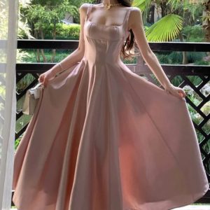 Elegant Satin A-line Midi Dress for Women - Sleeveless High Waist Evening Party Robe