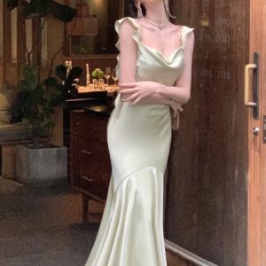 Elegant Satin Bodycon Mermaid Dress with Ruffles for Summer Wedding Party - Spaghetti Strap Fashion