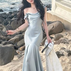 Elegant Satin Bodycon Mermaid Dress with Ruffles for Summer Wedding Party - Spaghetti Strap Fashion