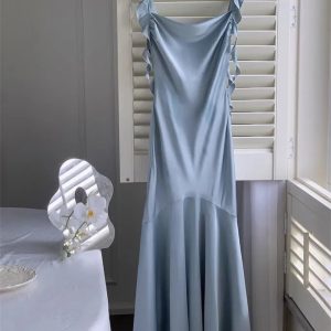 Elegant Satin Bodycon Mermaid Dress with Ruffles for Summer Wedding Party - Spaghetti Strap Fashion