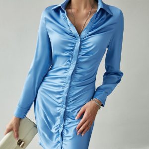 Elegant Satin Ruched V-Neck Shirt Dress - Long Sleeve Solid Slim Fit for Y2K Aesthetic Workwear