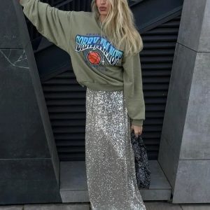 Elegant Sequin Maxi Skirt for Women - Glitter High Waist Long Skirt for Y2K Club Fashion