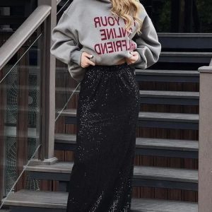 Elegant Sequin Maxi Skirt for Women - Glitter High Waist Long Skirt for Y2K Club Fashion