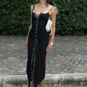 Elegant Sexy Lace-Up Eyelet Suspender Maxi Dress - Women's Slim Black Club Party Outfit