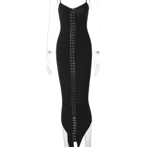 Elegant Sexy Lace-Up Eyelet Suspender Maxi Dress - Women's Slim Black Club Party Outfit