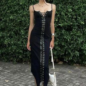 Elegant Sexy Lace-Up Eyelet Suspender Maxi Dress - Women's Slim Black Club Party Outfit