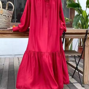 Elegant Silk Lantern Sleeve Long Dress in Y2K Aesthetic for Chic and Stylish Outfits