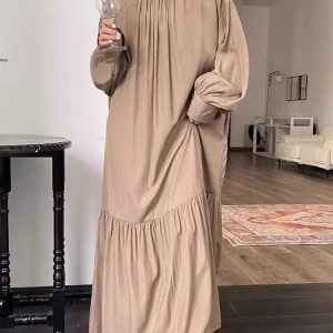 Elegant Silk Lantern Sleeve Long Dress in Y2K Aesthetic for Chic and Stylish Outfits