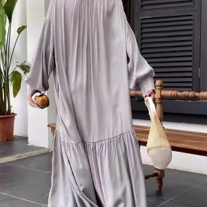 Elegant Silk Lantern Sleeve Long Dress in Y2K Aesthetic for Chic and Stylish Outfits