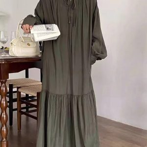 Elegant Silk Lantern Sleeve Long Dress in Y2K Aesthetic for Chic and Stylish Outfits