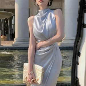 Elegant Sleeveless Halter Midi Dress for Summer Parties - Slim Waist Casual Women’s Fashion