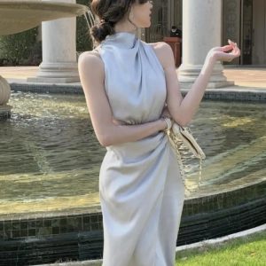 Elegant Sleeveless Halter Midi Dress for Summer Parties - Slim Waist Casual Women’s Fashion