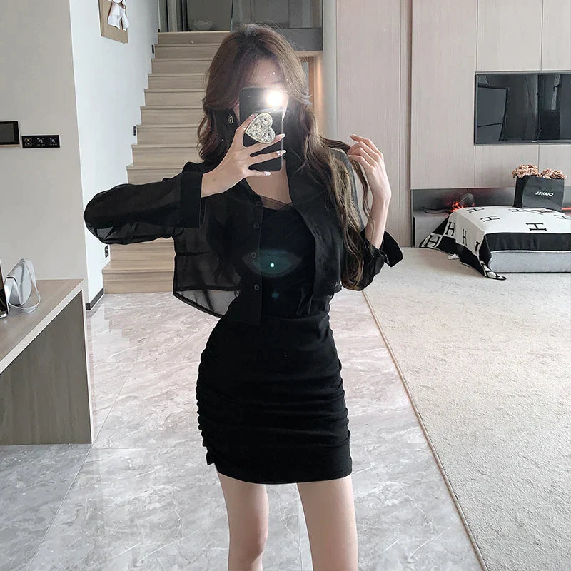 Elegant Slim Mesh Dress with Black Sunscreen Cardigan - Y2K Aesthetic Office Mini Dress