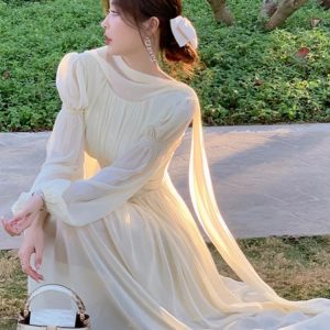 Elegant Slim Ruffle Dress for Women - Summer Graduation Evening Party Chiffon Bubble Sleeve Robe