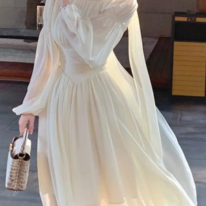 Elegant Slim Ruffle Dress for Women - Summer Graduation Evening Party Chiffon Bubble Sleeve Robe