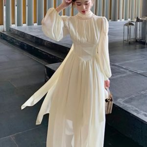 Elegant Slim Ruffle Dress for Women - Summer Graduation Evening Party Chiffon Bubble Sleeve Robe