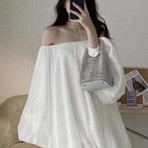 Elegant Soft Silk White One-Shoulder Dress with Long Puff Sleeves for Chic Y2K Aesthetic