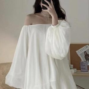 Elegant Soft Silk White One-Shoulder Dress with Long Puff Sleeves for Chic Y2K Aesthetic