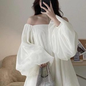 Elegant Soft Silk White One-Shoulder Dress with Long Puff Sleeves for Chic Y2K Aesthetic