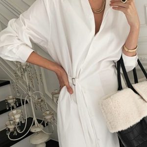 Elegant Solid A-Line Shirt Dress with Long Sleeves and Turn Down Collar for Spring/Summer