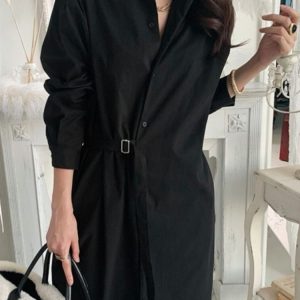 Elegant Solid A-Line Shirt Dress with Long Sleeves and Turn Down Collar for Spring/Summer