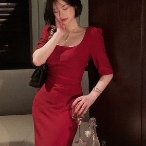 Elegant Solid Midi Bodycon Dress for Women - Chic Office Lady One Piece Fashion Vestidos