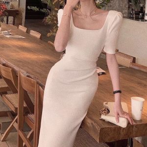 Elegant Solid Midi Bodycon Dress for Women - Chic Office Lady One Piece Fashion Vestidos