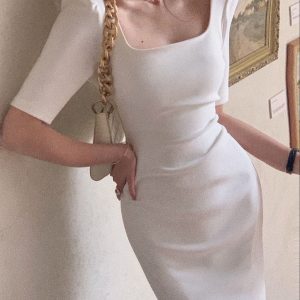 Elegant Solid Midi Bodycon Dress for Women - Chic Office Lady One Piece Fashion Vestidos