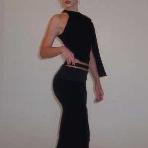 Elegant Solid Sleeveless Crop Top & Bodycon Midi Skirt Set - Chic Y2K Fashion for Parties