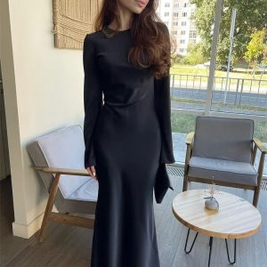 Elegant Solid Stain Slim Maxi Dress for Women - High Waist Luxury Party Evening Wear