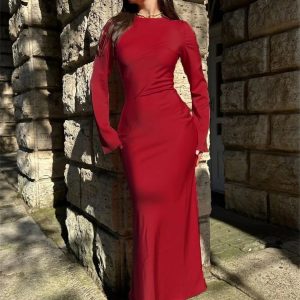 Elegant Solid Stain Slim Maxi Dress for Women - High Waist Luxury Party Evening Wear