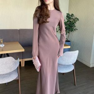 Elegant Solid Stain Slim Maxi Dress for Women - High Waist Luxury Party Evening Wear