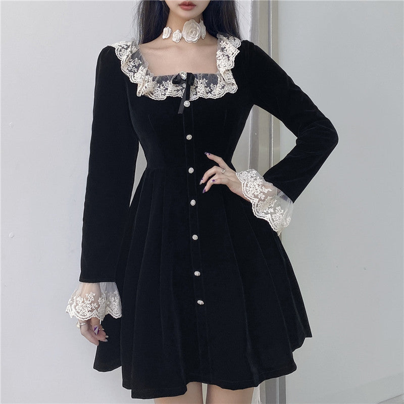 Elegant Square Neck High Waist Long Sleeve Velvet Dress for Y2K Aesthetic Outfits