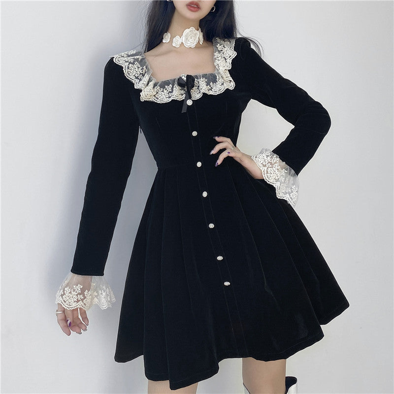 Elegant Square Neck High Waist Long Sleeve Velvet Dress for Y2K Aesthetic Outfits