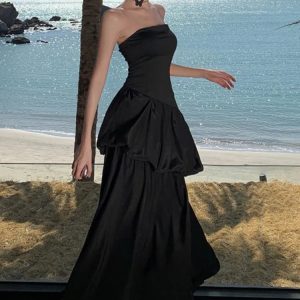 Elegant Strapless Black A-Line Dress for Summer Parties | Backless Solid Evening Gown