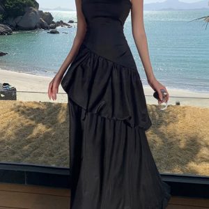 Elegant Strapless Black A-Line Dress for Summer Parties | Backless Solid Evening Gown