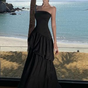 Elegant Strapless Black A-Line Dress for Summer Parties | Backless Solid Evening Gown