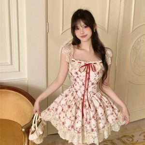 Elegant Summer Floral Lace Y2K Mini Dress with Casual Red Cardigan - 2 Piece Set