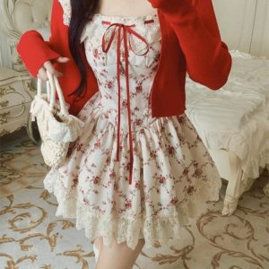 Elegant Summer Floral Lace Y2K Mini Dress with Casual Red Cardigan - 2 Piece Set