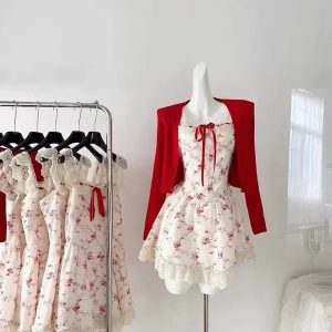 Elegant Summer Floral Lace Y2K Mini Dress with Casual Red Cardigan - 2 Piece Set