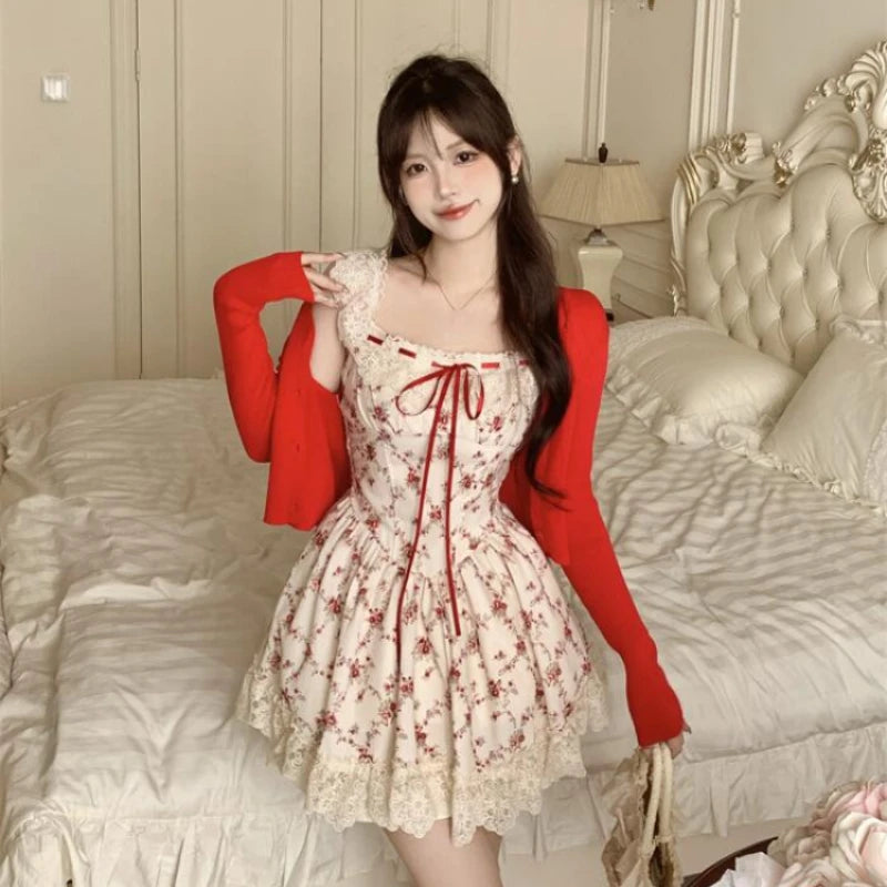 Elegant Summer Floral Lace Y2K Mini Dress with Casual Red Cardigan - 2 Piece Set